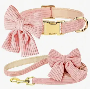 Bubblegum Bliss Collar and Leash Set for Small to Medium Dogs - Pink & Beige Ribbed Bow, Adjustable Collar, Matching Leash, Gold-Tone Hardware