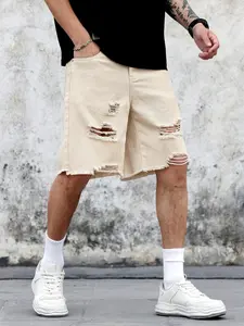 Men's Loose Ripped Denim Shorts, Frayed Vintage Aesthetic Design, High Street Style Shorts, Suitable for Daily Casual Wear, Breathable Comfort & Trendy Design, Hem