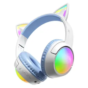 Cat Ear RGB Wireless Gaming Headset for Teens & Kids - Bluetooth 5.3, 40H Playtime, Hi-Fi Sound & Foldable Design with LED Lights, Adorable Cute Headphones Perfect for Gaming, Music, School & as a Gift for Girls and Boys, Blue
