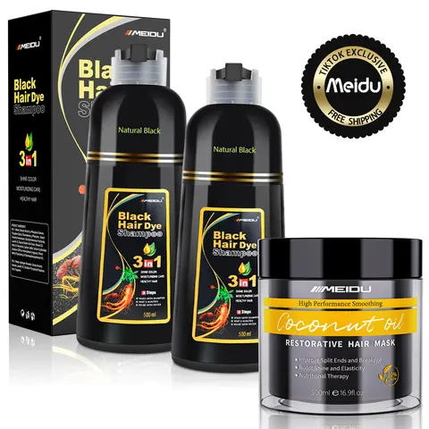 MEIDU 500ml 3-in-1 Hair Dye Shampoo & Keratin Mask Haircare Set for Adults - All Hair Types, Nourishing Herbal Color with Ginseng Extract, Coconut, Collagen Treatment, Moisture Boost for Wavy Color Retention