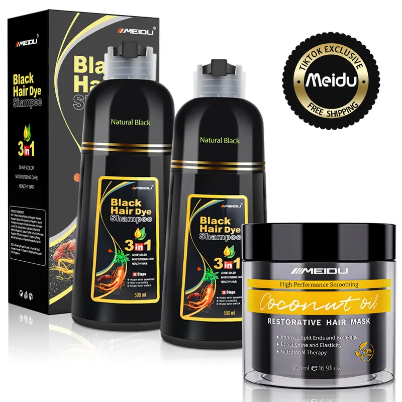 MEIDU 500ml 3-in-1 Hair Dye Shampoo & Keratin Mask Haircare Set for Adults - All Hair Types, Nourishing Herbal Color with Ginseng Extract, Coconut, Collagen Treatment, Moisture Boost for Wavy Color Retention