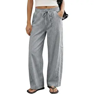 Cicy Bell Womens Wide Leg Striped Pants High Waisted Baggy Casual Barrel Drawstring Lounge Trousers with Pockets