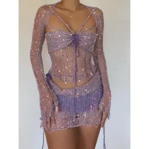 Women's Glitter Sequin Sheer Mini Skirt Textile Set, Elegant Flattering Fashion 2 Piece Set Tie Front Top & High Waistskirt for Party Club Dating, Two Piece Set Women, Ladies Two-piece Outfits for All Seasons