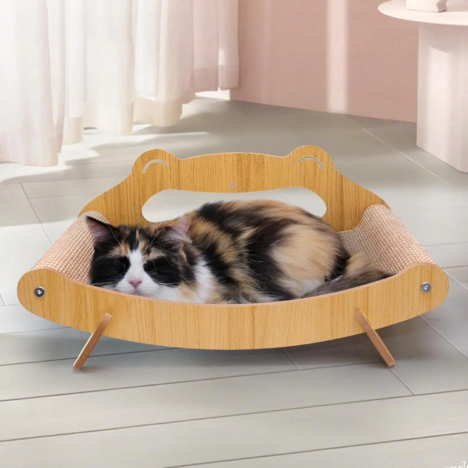 Sisal Cat Scratcher Lounger Bed for Large Indoor Cats - Wooden Cat Scratch Pad, Durable Recliner Chair, Stylish  Couch, 2-in-1 Scratcher & Lounger with Hammock (Large)