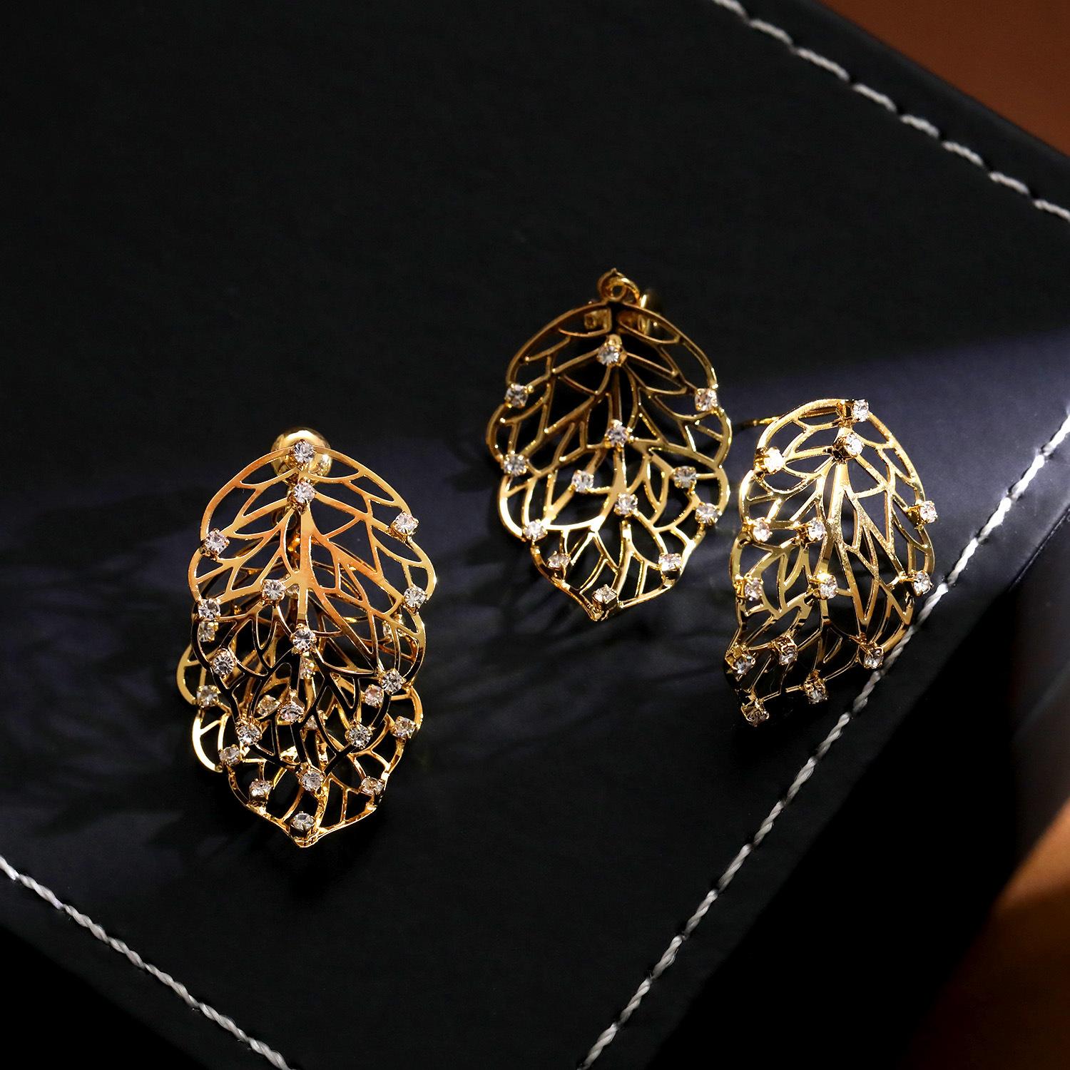 Reversible 2-Way Leaf CZ Drop Earrings, 18K Gold Plated Dainty Luxury Statement Earrings