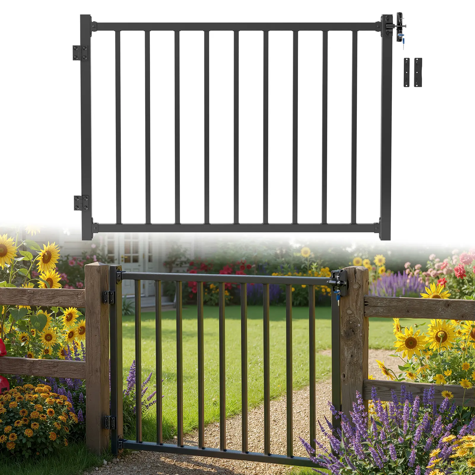 Black Metal Deck Gate Kit, 48.03" W x 35.43" H, Outdoor Gate with Self-Closing Hinges, Keyed Latch & Mounting Hardware for Porch, Patio & Garden Entrances, Support Posts Not Included