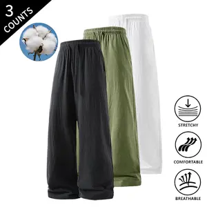 3-Pack Men’s Summer Vibes Wide-Leg Pants, Breathable Elastic-Waist Pants for Work, Travel, and Loungewear