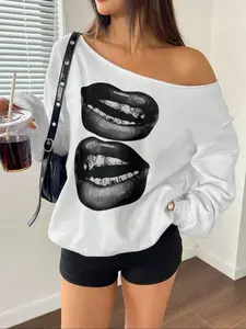 Women's Y2K Style Off-Shoulder Long Sleeve Knit Fitted Sweatshirt, Casual Fashion Womenswear Print Top, Perfect for Daily Wear, Everyday