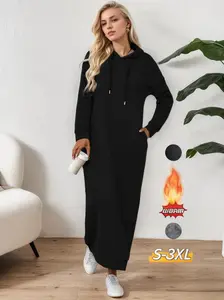 Women's Plain Drawstring HoodecSweatshirt Dress,AutumnDresses,Casual Pocket Drop ShoulderLong Sleeve Dress, Women's Fall &Winter Clothes for Daily Wear #MS613