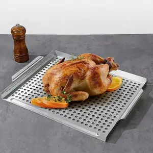 Oil filter holder + tray large-sized stainless steel baking pan - rectangular baking pan, with raised and recessed design, suitable for baking vegetables and meats