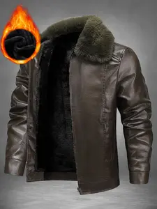 Men's autumn and winter casual detachable fur collar leather jacket, outdoor velvet lined thickened motorcycle rider jacket