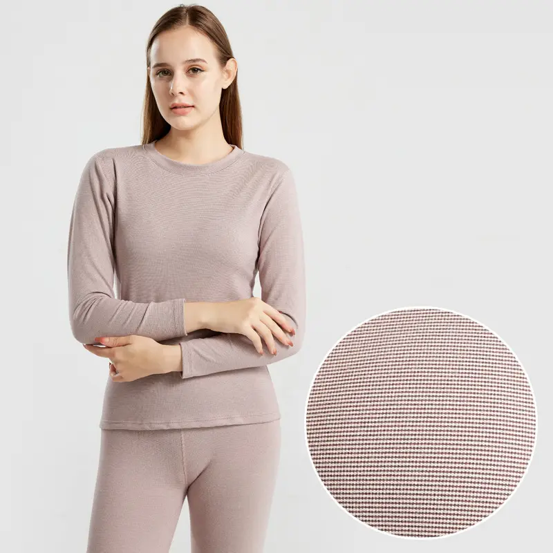 Women's Heating Fiber Pajamas with Well-Shaped Grid Warm Suit Winter Crew Neck Closing Edge Base Inner Wear Long Johns spring
