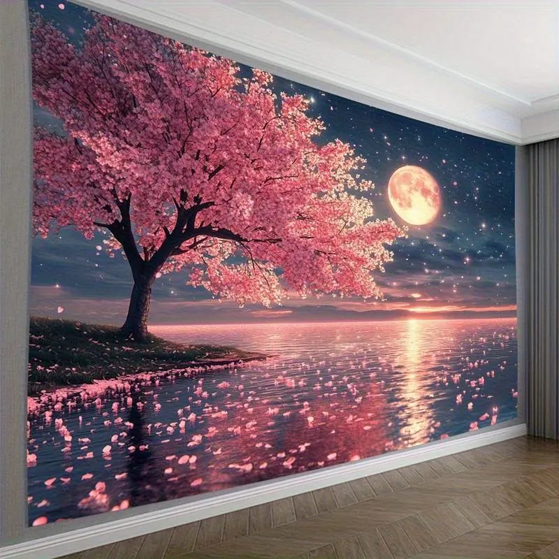 1pc Durable Floral Print Pink Cherry Blossom Tapestry Wall Hanging - Starry Night Sky Full Moon Water Reflection, Peach Light Beige Fabric, 40x30/60x40/90x60in, No Electricity, Lightweight Wall Decor, Creative Gift for Living Room Bedroom, Wall-Safe Hooks