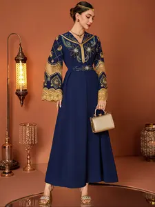 Elegant Deep Blue Embroidered Evening Gown, 3D Floral Design, Gold Lace Sleeves, Perfect for Weddings & Eid Celebrations