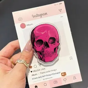 Pink Skull with MagSafe Phone Grip, Horror Aesthetic Magnetic Phone Holder, Kawaii Scary Fan Gift , Kindle Accessories sticky Baby mount Library Card Flower-Shaped Multi-Functional Stand Universal Car Double-Sided Octo
