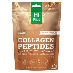 HiPlus Multi Collagen Peptides Powder Premium Hydrolyzed Formula (Types l, ll, lll, V, X) with Hyaluronic Acid, Biotin & Vitamin C, Unflavored-Enhanced Support for Radiant Skin, Strong Hair, Nails & Joint Health -1 Month Supply