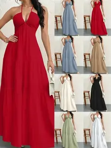 Women's Sleeveless Halter Neck Maxi Dress Solid Color Tiered Ruffle Backless Flowy Long Dress