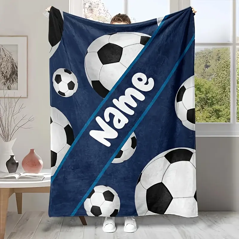 [Perfect Gift] 1pc Customizable Soccer Blanket with Name – Soft Flannel Throw for Sofa, Bed, Travel & Camping – Lightweight, Warm & Cozy Digital Print Design – Perfect Gift for Sports Fans & Personalized Decor, Personalized Blanket