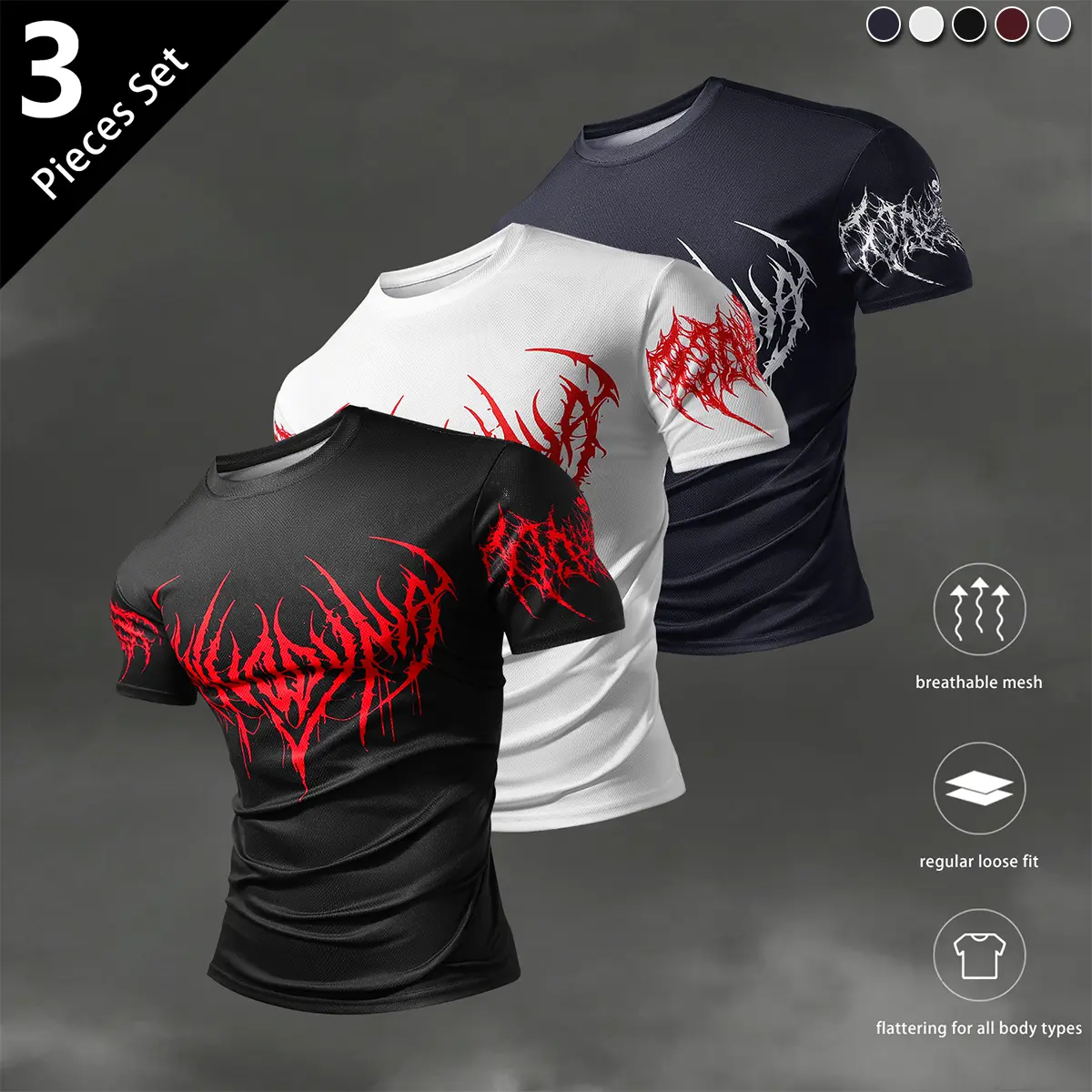 Pack of 3 men’s fashion casual athletic crewneck T-shirts made from breathable, quick-drying knit mesh fabric—lightweight and wear-resistant, featuring a skull print design. Regular fit, stylish style for everyday wear, comfortable for commuting and light