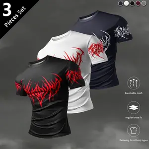 Pack of 3 men’s fashion casual athletic crewneck T-shirts made from breathable, quick-drying knit mesh fabric—lightweight and wear-resistant, featuring a skull print design. Regular fit, stylish style for everyday wear, comfortable for commuting and light
