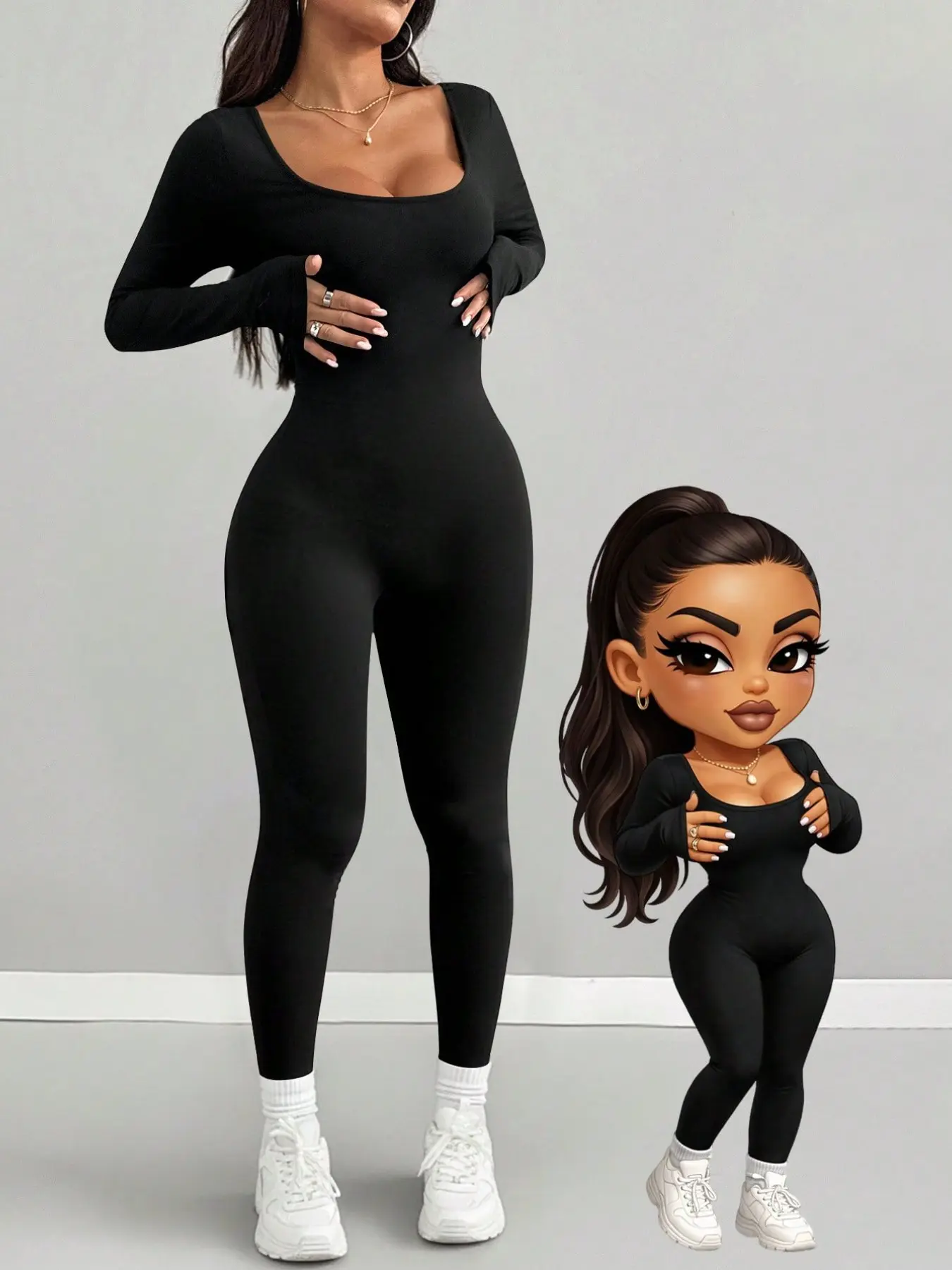 Women's Sexy Square Neck Long Sleeve Bodycon Pants, Stretch Slim Fit, Casual Street Style, Daily Wear, Fitness, Commute, Curve Enhancing, Square Neck Jumpsuits, Square Neckline Jumpsuit, Stretchy Jumpsuit