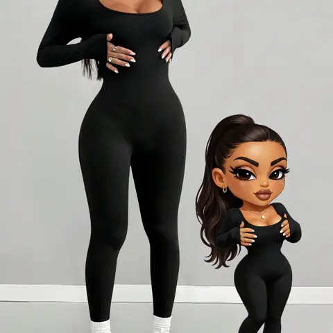 Women's Slim-Fit Square-Neck Long-Sleeve Stretchy Jumpsuit, Casual Street Style Jumpsuit for Daily Wear, Fitness and Commuting