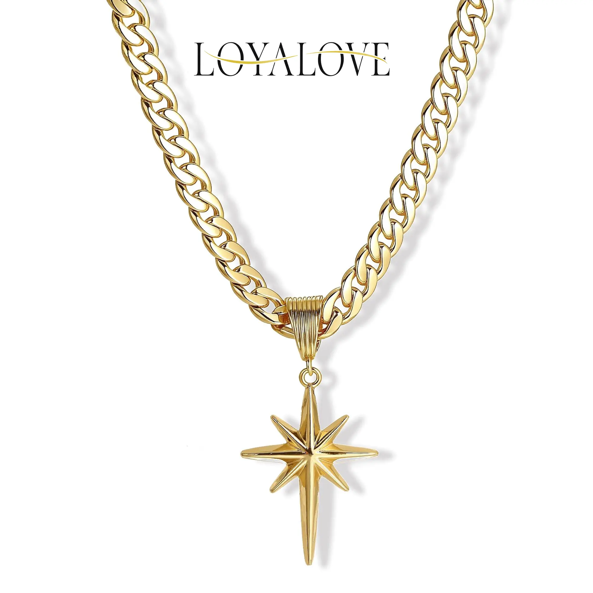 Loyalove Gold 8mm Women's Flat Cuban Eight-Pointed Star Pendant Birthday Gifts Anniversary Gifts Jewelry for Women Girls Mother's Day Gift