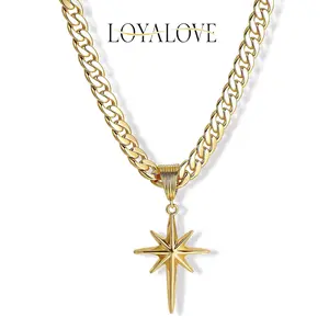 Loyalove Gold 8mm Women's Flat Cuban Eight-Pointed Star Pendant Birthday Gifts Anniversary Gifts Jewelry for Women Girls Mother's Day Gift