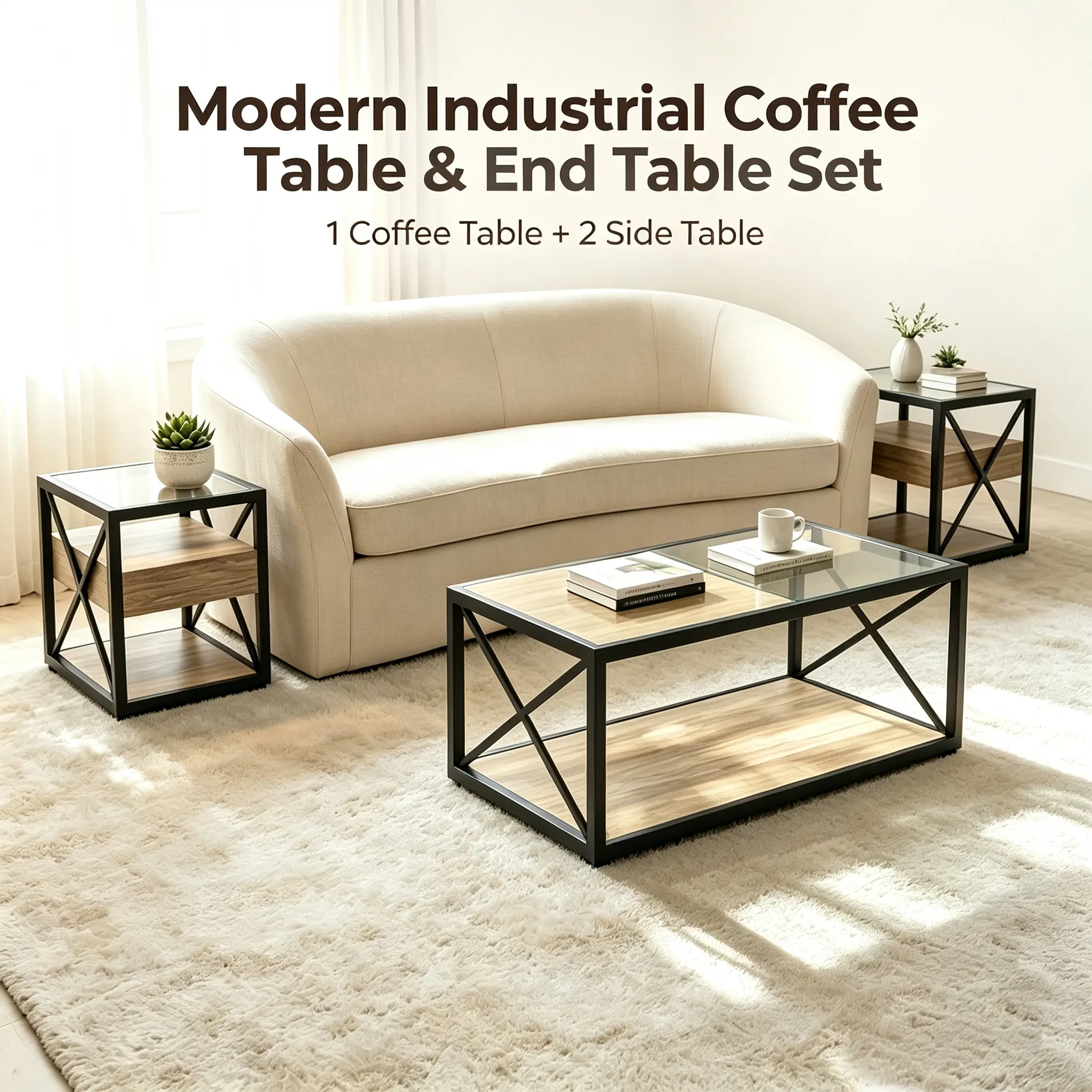 3-Piece Modern Industrial Coffee Table & End Table Set with Tempered Glass & Natural Wood MDF Top, Sturdy X-Frame & Drawer, for Living Room Bedroom desk
