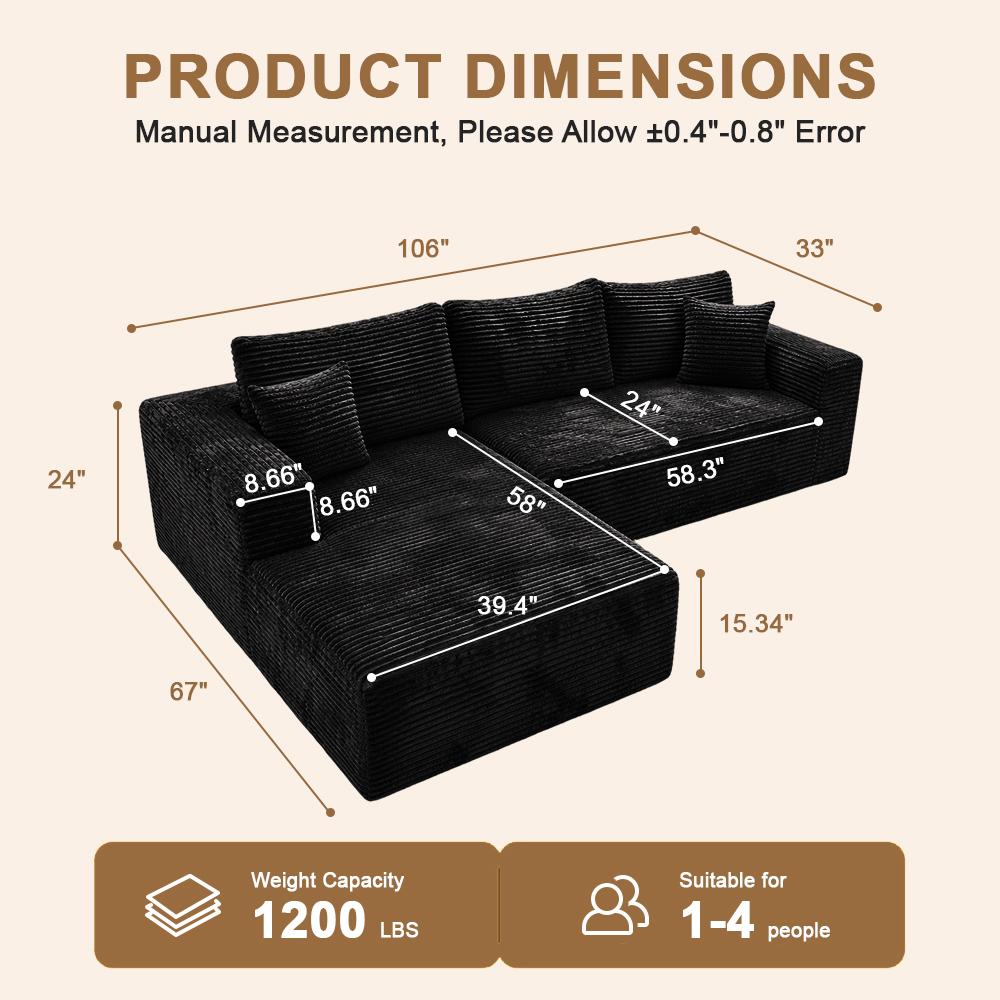 DIGWAC 106-Inch 3-Seater L-Shaped Modular Sectional Couch (Furniture, Apartment Furniture, Sofas Living Room) with 49-Inch Chaise Lounge, Upgraded Pocket Coil Spring Base, Ultra-Soft Corduroy Upholstery, Memory Foam Cushions, Boneless Couches, Classic
