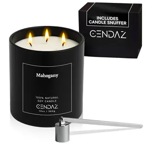 Mahogany Scented Soy Candle with Snuffer Included 3 Wick Candle for Men Long Lasting decorative Burn Elegant Aromatherapy Candle for Relaxation Masculine Home Decor Birthday Holiday Gift Set Spa