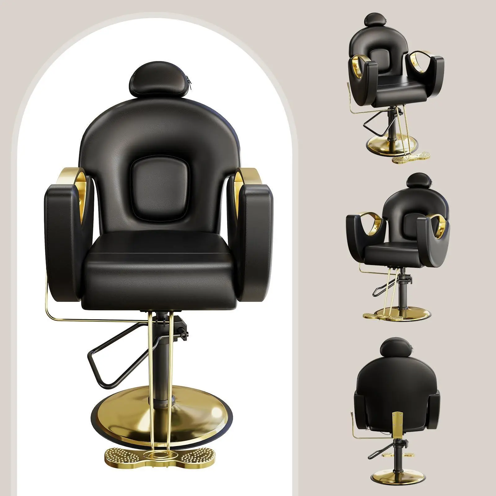 Gaomon Aerodynamic Barber Chair - 360° Swivel, 130-degree Reclining, Gold Square Base, Metal Frame, Heavy-Duty Hydraulic Lift, Height-Adjustable, Hollow Arms, 5-inch High-Density Seat Cushion, Double Saddle Stitching, Barber Equipment for Barbershops, Foo