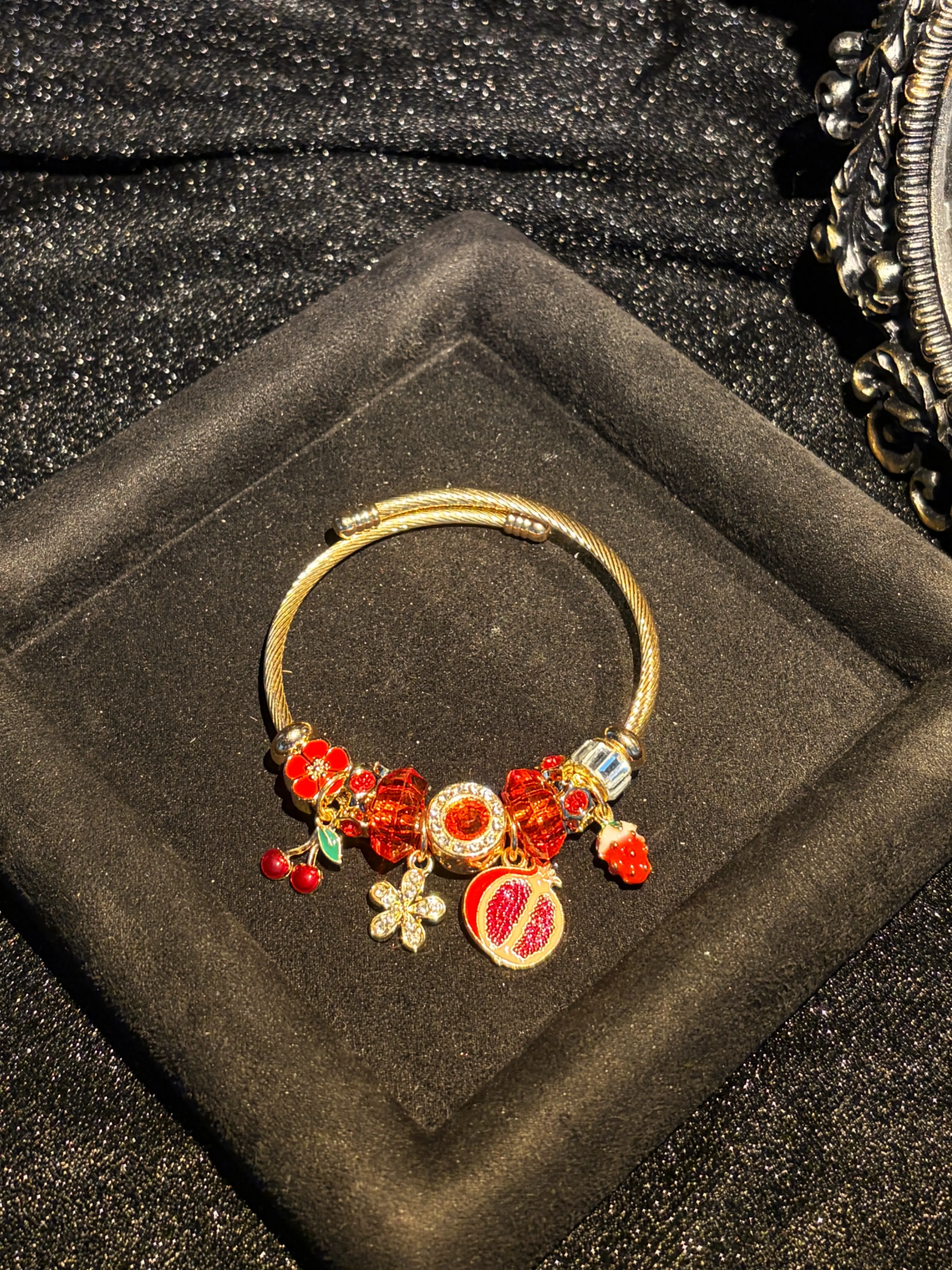 Women's Gold-Tone Wire Open Bangle Bracelet, Fruit-Themed Jewelry with Pomegranate, Strawberry, Cherry, Flower Enamel Charms, Elegant Stackable Gift