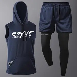 Men's fitness 2-piece set, hooded sleeveless vest + quick-drying shorts, summer running training sports suit, breathable mesh fabric, loose version, daily gym wear