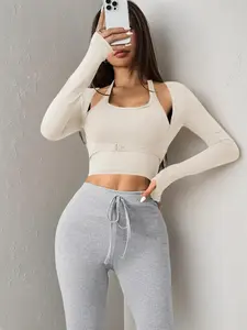 Women's Halter Crop Tank Top & Thumb Hole Sports Tee Set, Sleeveless Top & Buckle Front Sports Top Set, Gym Yoga Exercise Set for Women,  Gym Tops, Activewear, Women Workout Clothes, Sportswear, Workout Summer Clothes, Workout Sets