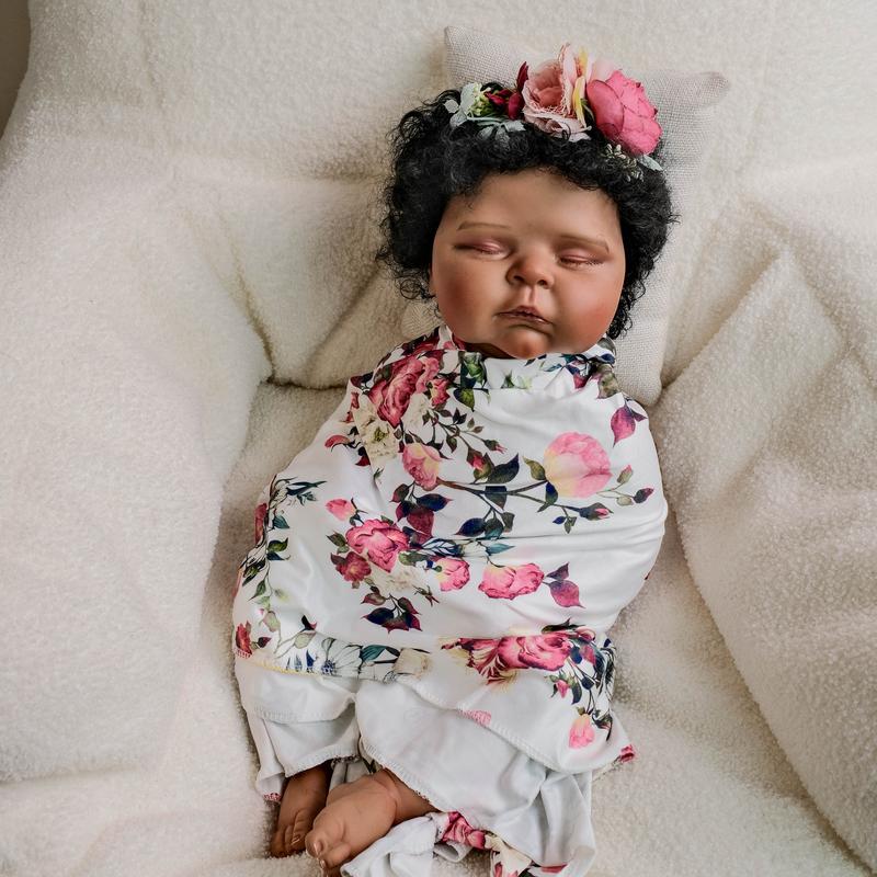 Lifelike Reborn Baby Dolls 20 inch 50 cm Realistic Mixed-Race Baby Girl Doll Black African American & Biracial Reborn Toddler with Hand-Rooted Curls, Soft Cloth Body & Outfit Set
