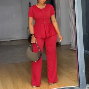 ChicMe Women's Toggle Button Decor Round Neck Peplum Waist Overalls Casual Zipper Back Wide Leg Jumpsuit