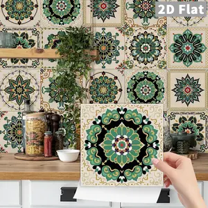 24 PCS NHZ Vintage Green Mandala Tile Pattern Crystal Film Wall Stickers, Peel and Stick DIY Backsplash, Removable Waterproof Oil-Proof Stain-Resistant Decals for Kitchen Backsplash Bathroom Furniture Stairs, Decorative Wall Sticker, Home Decor
