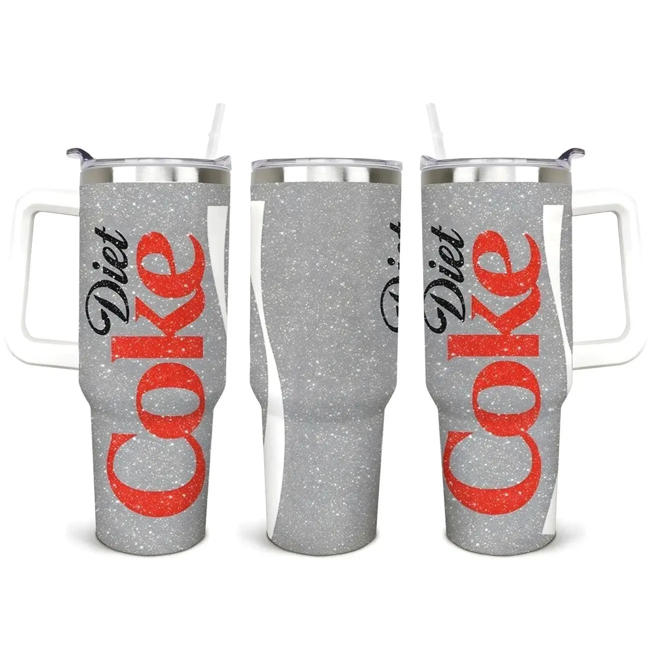 Diet Coke Silver Glitter 40oz Tumbler - Insulated Travel Mug with Handle & Straw - Retro Soda Pop Shimmer Stainless Steel Cup - Premium Aesthetic Drinkware