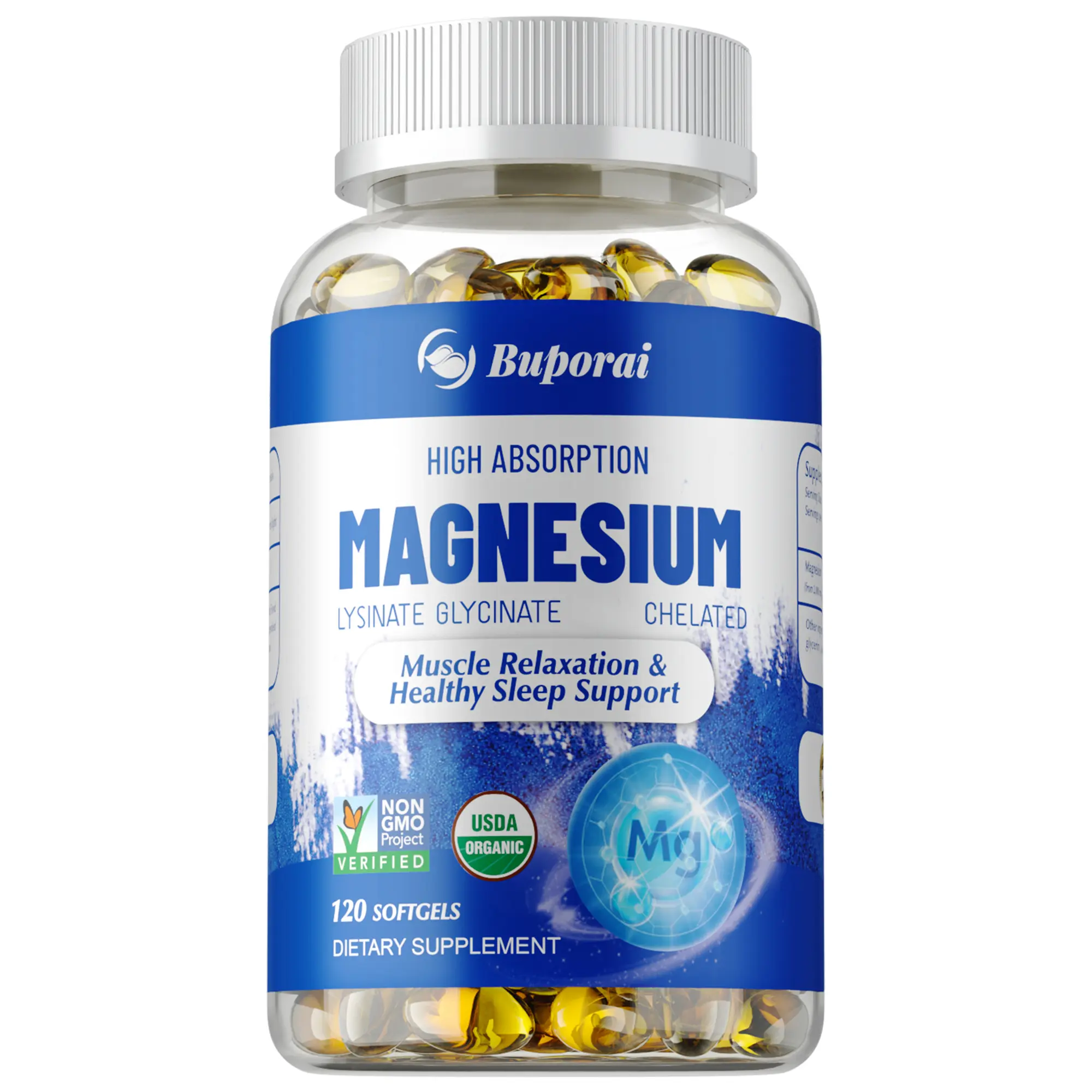 Buporai 120-capsule dietary supplement, highly absorbable, supports magnesium supplementation, and supports muscle, bone, and sleep health. Suitable for both men and women.