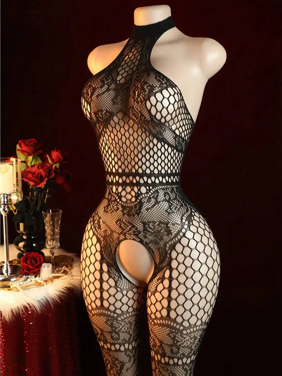 CURVIA Sexy Open Jacquard Design Fishnet Underwear & Panties Set, Women's Fishnet Tights, Stockings Pajamas Lingerie