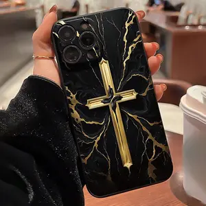 Black Golden Marble Texture Cross Pattern Phone case for iPhone 16 Pro Max 15 Plus 14 13 12 11 XR XS  Anti-Scratch Shockproof TPU Bumper Drop-proof Cover