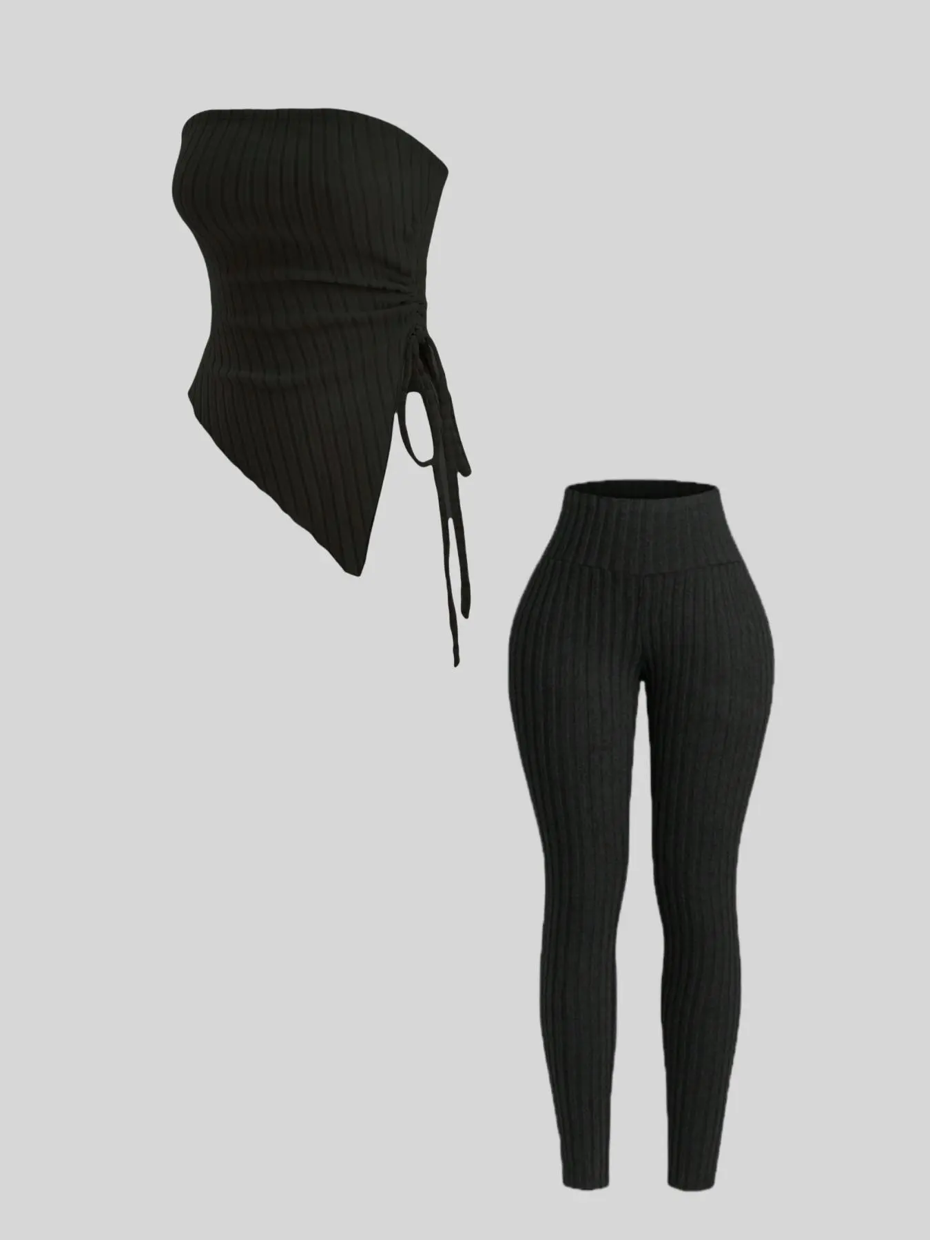 Elegant Chic Basic Women's Two-Piece Solid Knit Outfit Set, High-Waisted Bodycon Pants Trouser & Adjustable Strapless Drawstring Bra Top, Perfect for Casual Everyday Daily Wear & Home Comfort