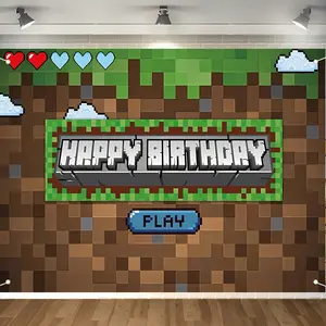 2D Flat Banner for Birthday Party, Pixel Game Theme Background, Flay Design, Blue Pixels, Party Decor, Multiple Sizes, No Power Needed