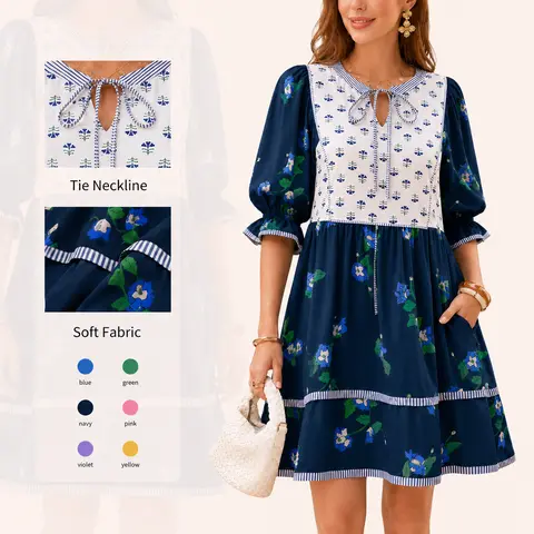 Imily Bela Womens Casual Floral Mini Dress Summer Puff Short Sleeve Tie Front V Neck Patchwork Loose Boho Shirt Dresses