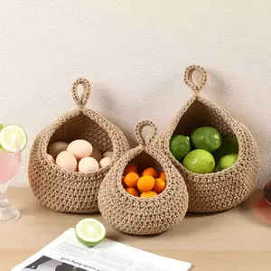 Hanging Storage Baskets Boho Decor Set of 3, Handmade Cotton Rope Wall-Mounted Fruit & Vegetable Baskets, Decorative Hanging Organizers for Kitchen, Entryway, Bathroom & Bedroom