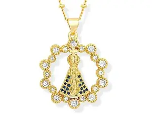 Medal Virgen De La Caridad Del Cobre Amulet Necklace,Miraculous Medallion Virgin Mary Rhinestone Circle Coin Necklace