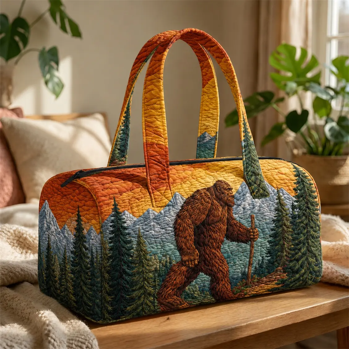 Bigfoot Mountain Forest Quilted Weekender Bag for Women, Large Capacity Overnight Duffel Tote with Zipper, Lightweight Travel Carryall for Camping, Vacation, Gym & Daily Use