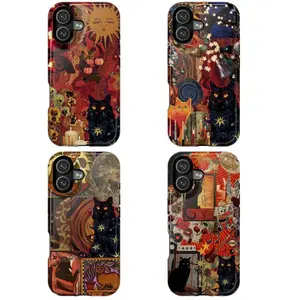 Black Cat Witchy Boho Tough Phone Case Psychedelic Sun Moon Collage Art Vintage Trippy Aesthetic MagSafe Tough Protective Cover Compatible with iPhone 11 12 13 14 15 16 17