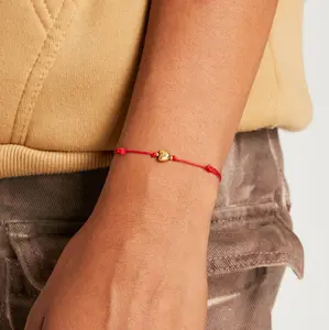 Red String Heart Friendship Bracelet Adjustable Slide Lock Closure Copper & Yellow Gold Handmade Durable Double Red Nylon Rope Heart Charm Kabbalah Protection Thread Bracelet for Women